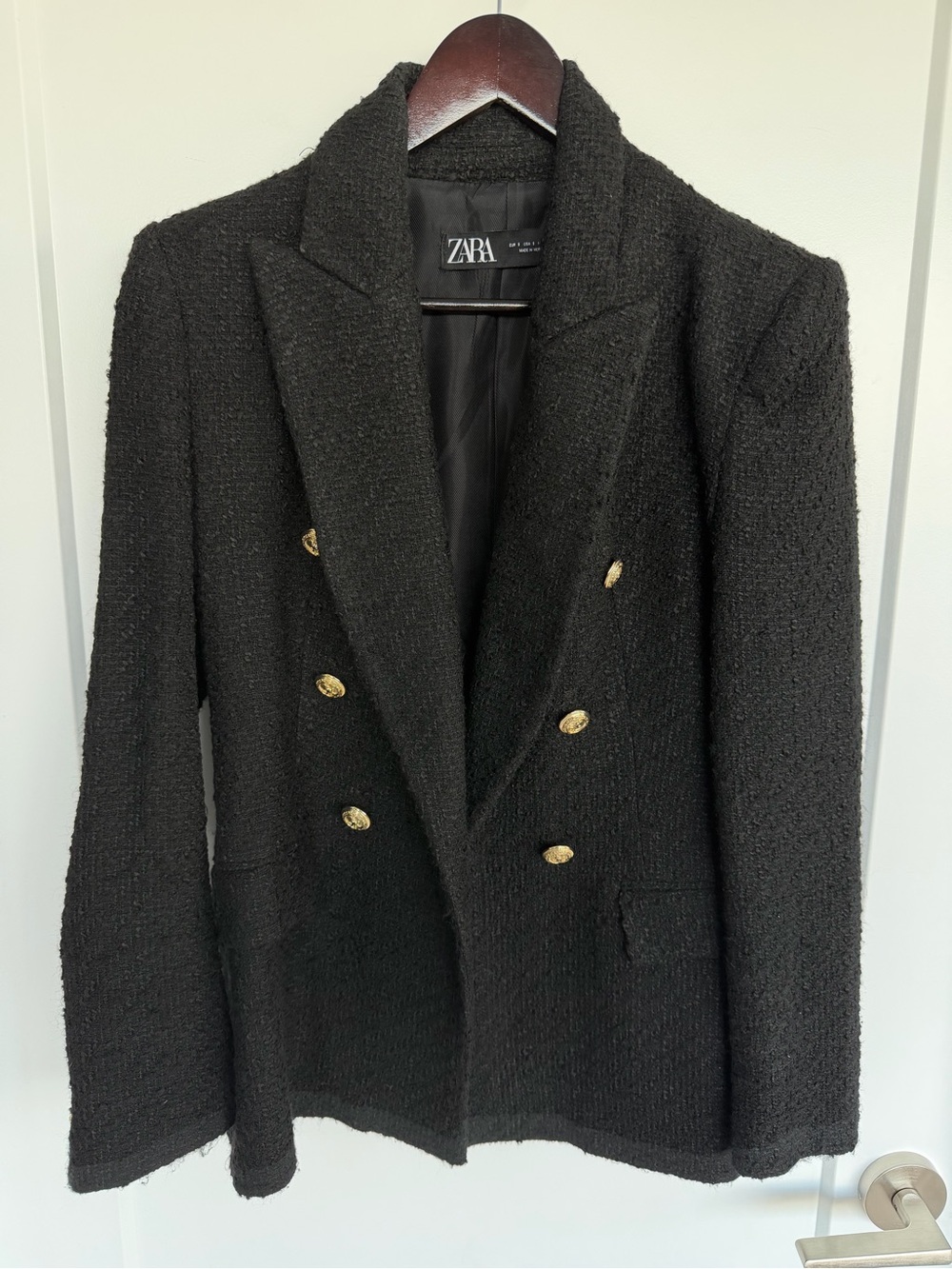 ZARA Black Double-Breasted Textured Blazer with Gold Buttons